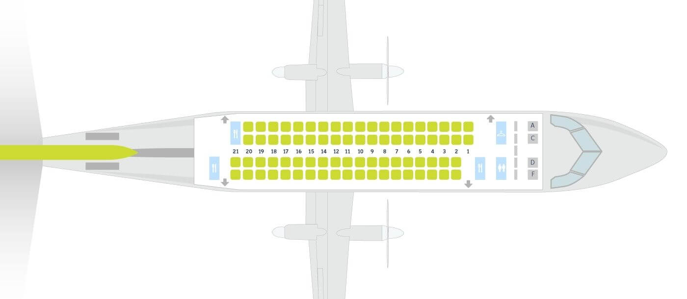 Схема салона Dash 8-400 Qazaq Air: компоновка 2-2, 21 ряд